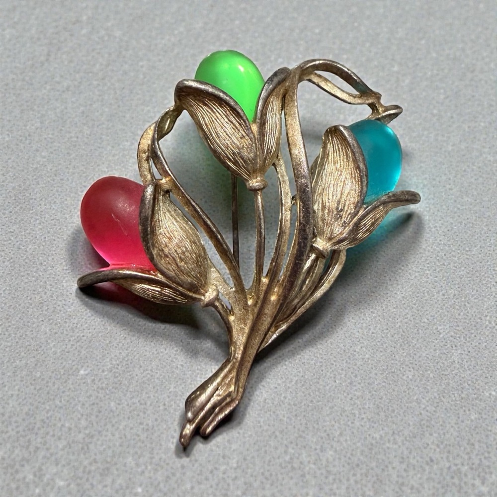 Gold Floral Brooch with Multicolor Accents